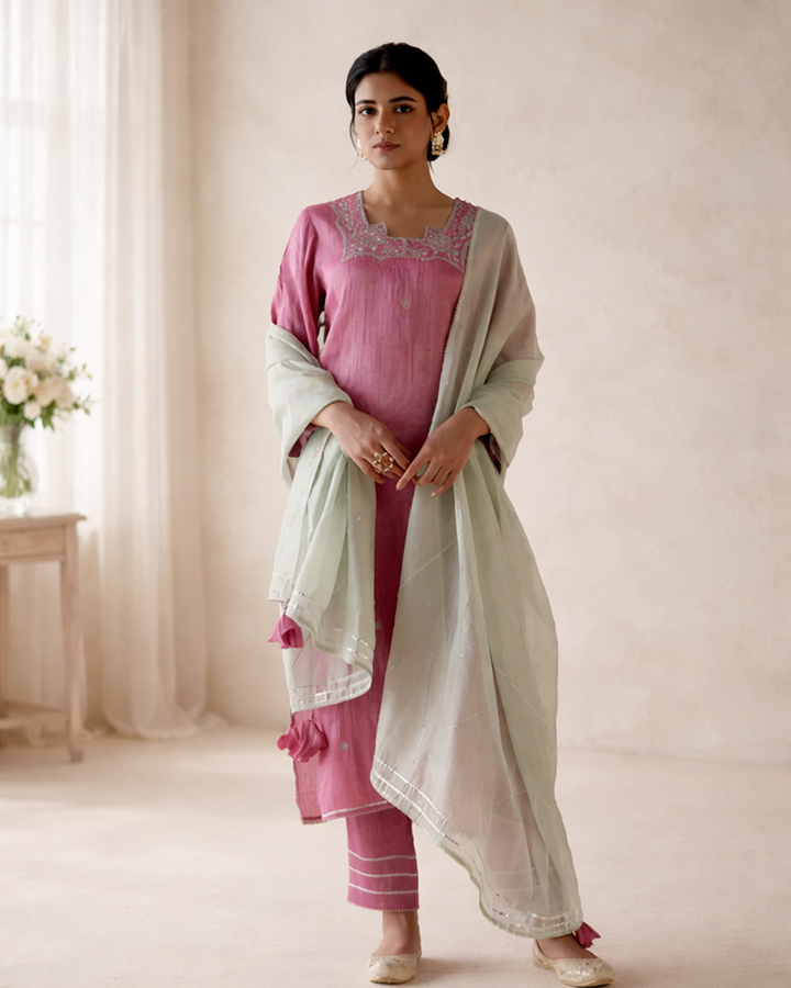 Peony Pink Tissue Kurta with Narrow Pants & Dupatta - Set of 3