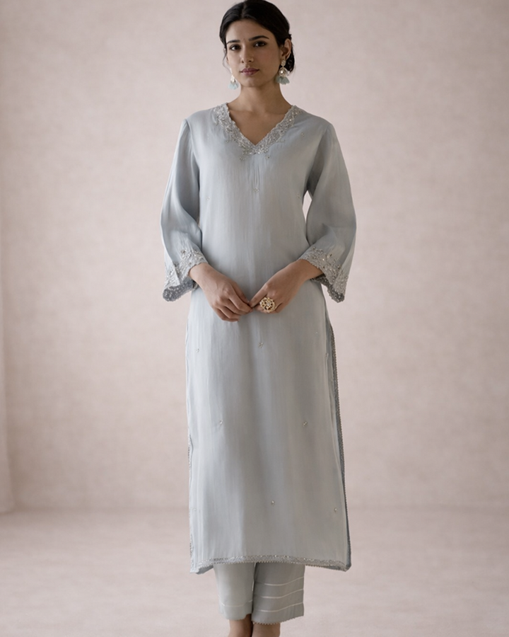 Sky Blossom Tissue Kurta with Narrow Pants - Set of 2