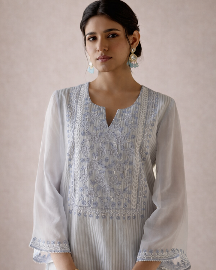 Sky Rose Tissue Kurta with Flared Pants - Set of 2