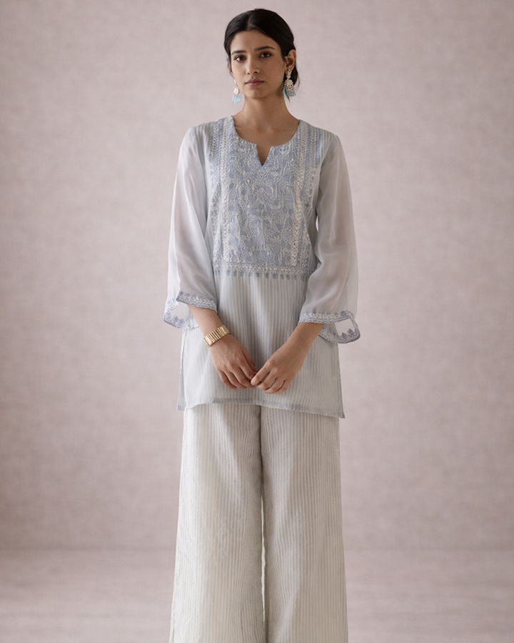 Sky Rose Tissue Kurta with Flared Pants - Set of 2