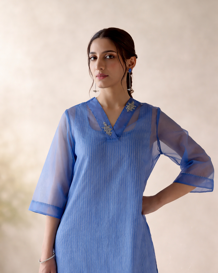 Sapphire Blue Kurta with Tissue Slip & Flared Pants - Set