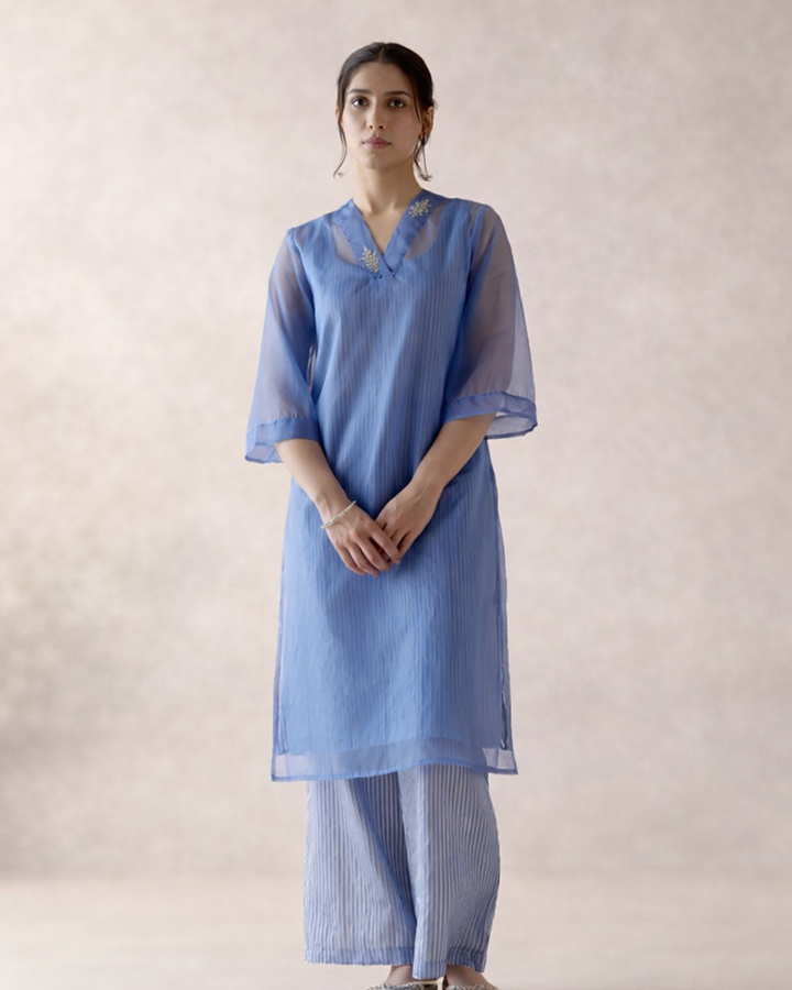 Sapphire Blue Kurta with Tissue Slip & Flared Pants - Set
