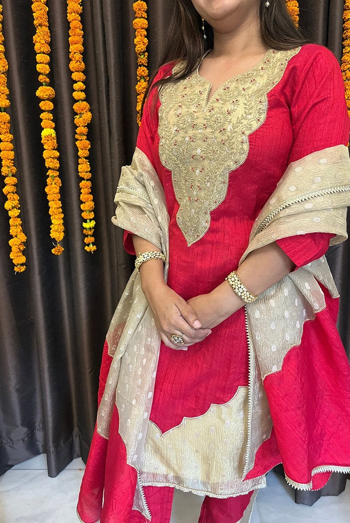 Red Dori Yoke Kurta with Narrow Pants and Embroidered Dupatta - Set of 3