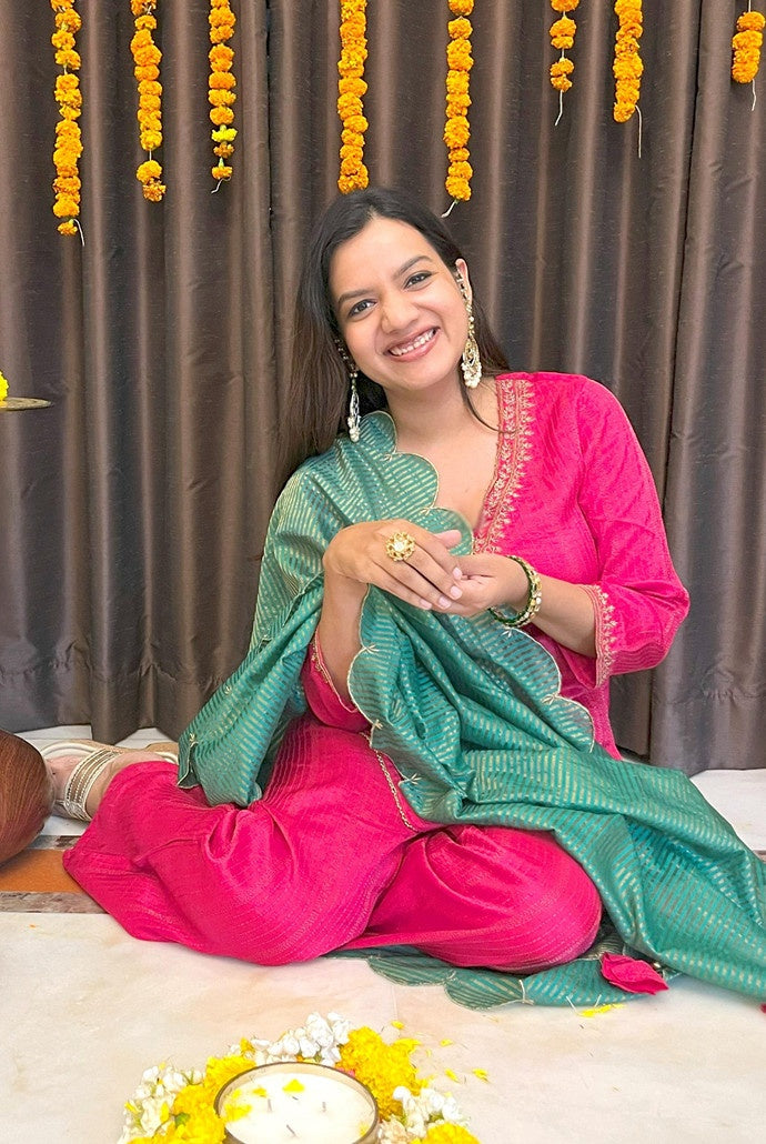 Fuchsia Pink Dori Silk Chanderi Kurta with Flared Pants and Dupatta - Set of 3