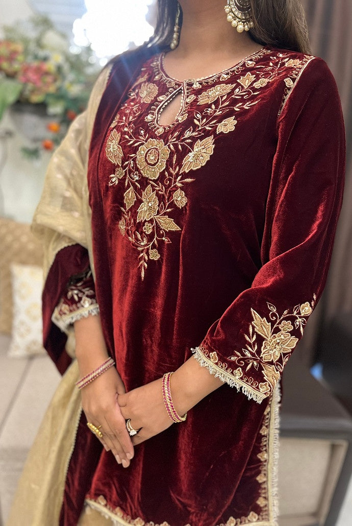 Maroon Floral Zari Velvet Kurta with Sharara and Dupatta - Set of 3
