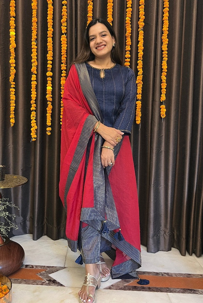 Navy Rose Charm Silk Chanderi Kurta with Narrow Pants - Set of 3