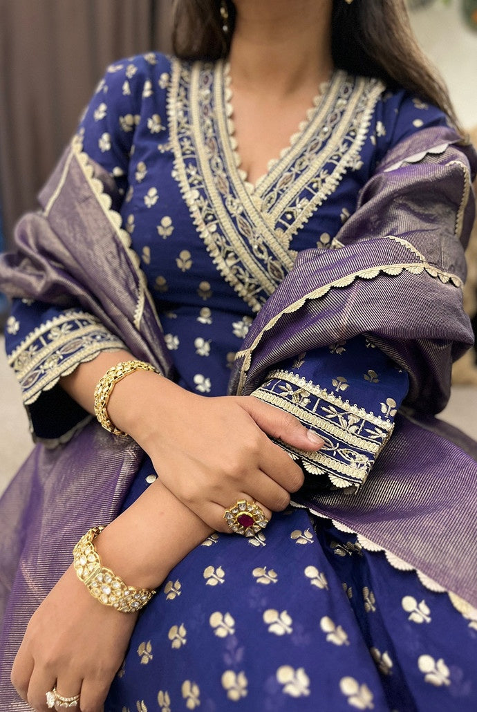 Blue Rose Embroidered Angrakha with Sharara and Dupatta - Set of 3