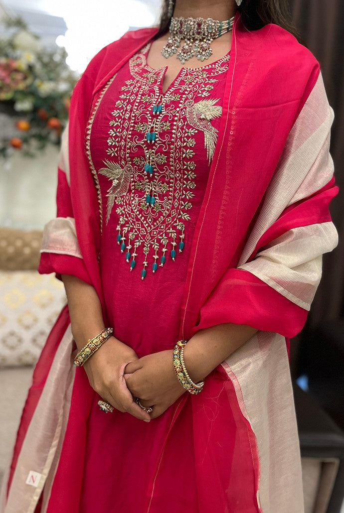Rosy Fuchsia Anarkali with Flared Pants and Dupatta - Set of 3