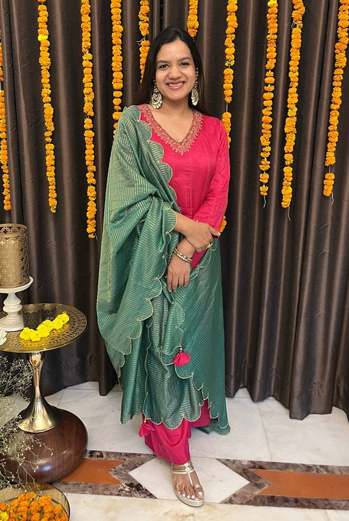 Fuchsia Pink Dori Silk Chanderi Kurta with Flared Pants and Dupatta - Set of 3