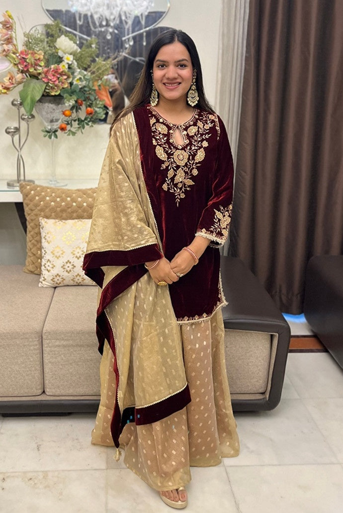 Maroon Floral Zari Velvet Kurta with Sharara and Dupatta - Set of 3