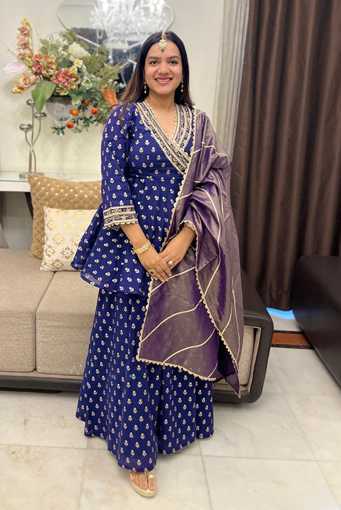 Blue Rose Embroidered Angrakha with Sharara and Dupatta - Set of 3