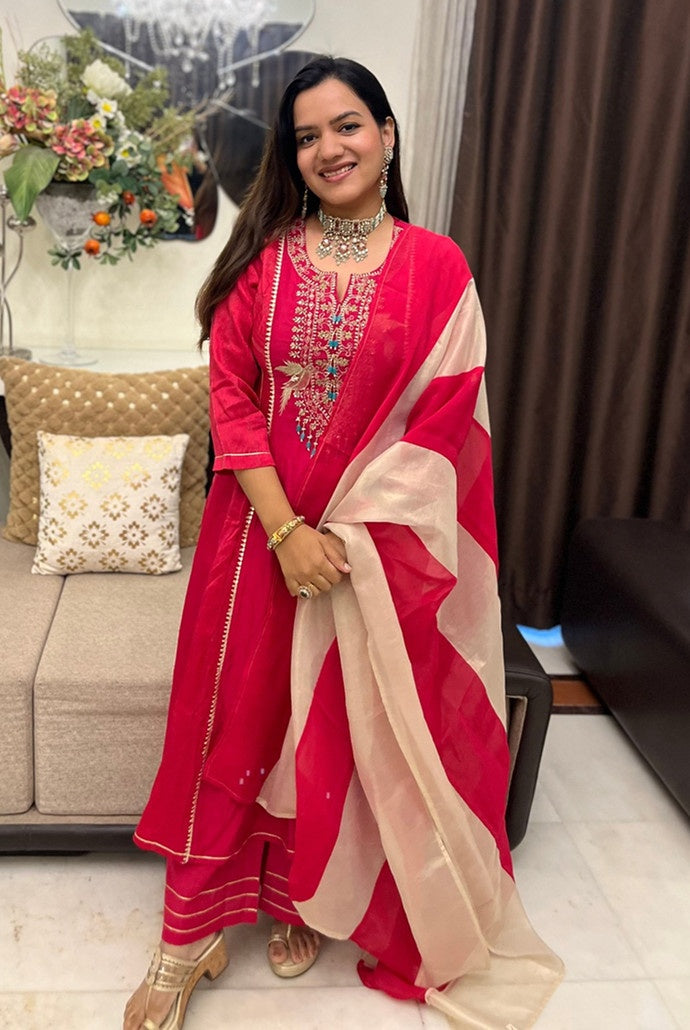 Rosy Fuchsia Anarkali with Flared Pants and Dupatta - Set of 3