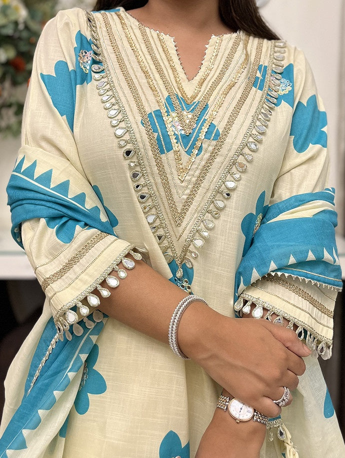 Aqua Blossom Floral Kurta Set with Dupatta - Set of 3