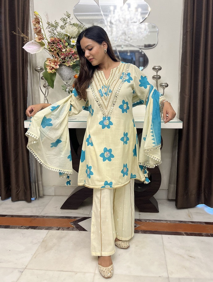 Aqua Blossom Floral Kurta Set with Dupatta - Set of 3