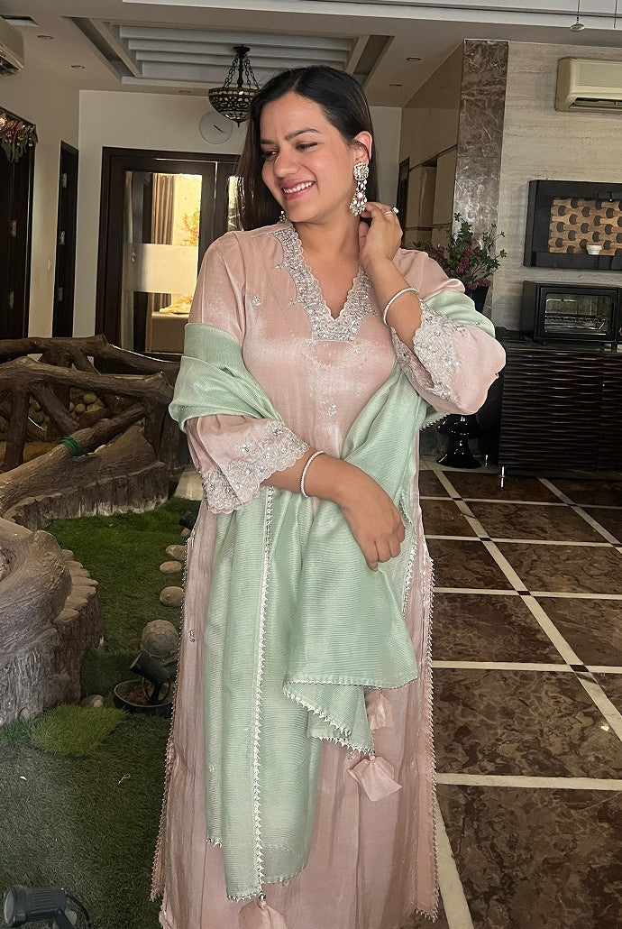 Old Rose Tissue Kurta with  Narrow Pants & Dupatta - Set of 3