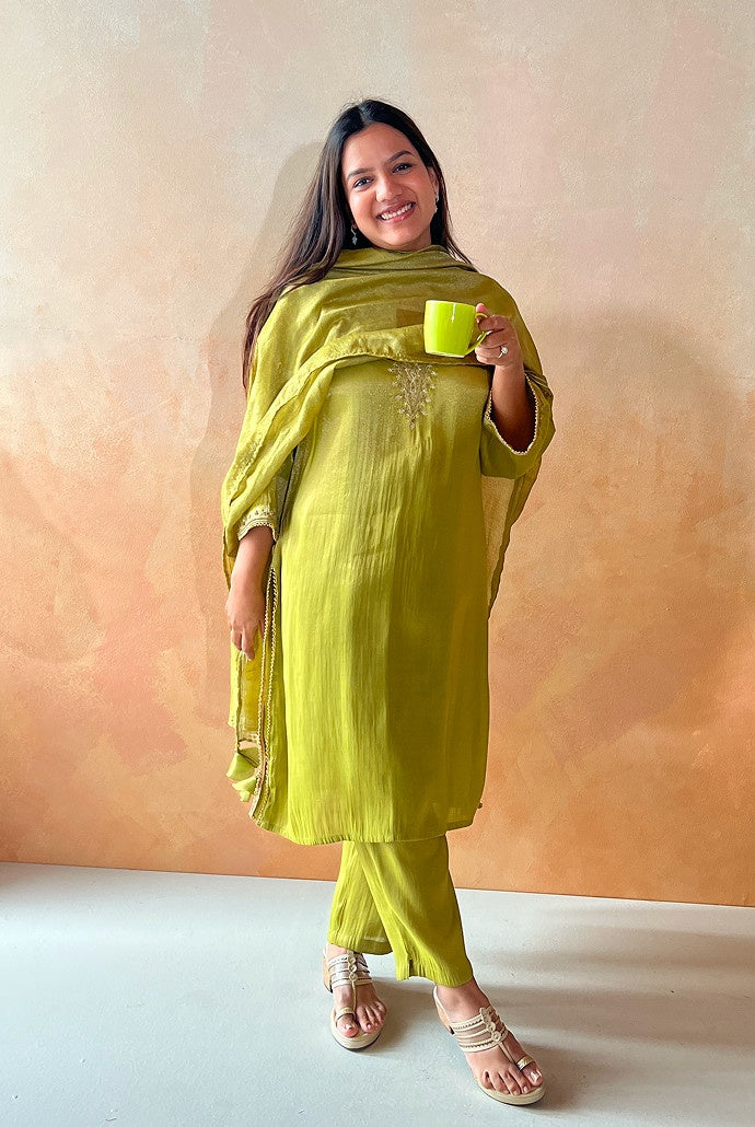Olive Grove Tissue Kurta with Narrow Pants and Dupatta- Set of 3