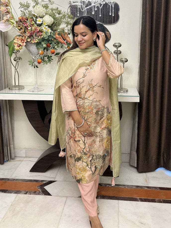 Peach Floral Embroidered Kurta Set with Dupatta - Set of 3