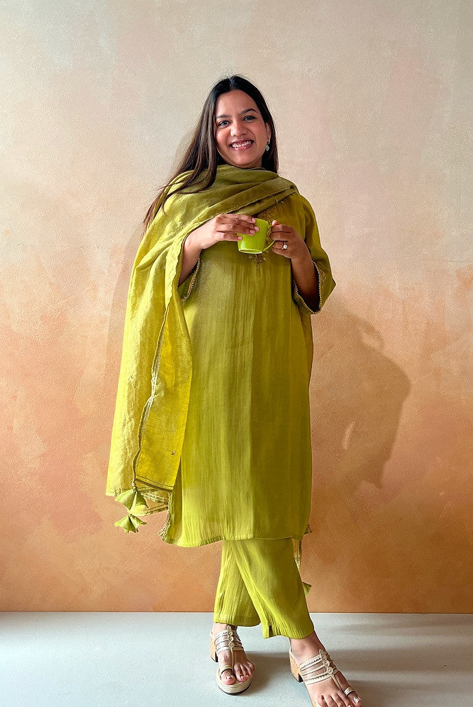 Olive Grove Tissue Kurta with Narrow Pants and Dupatta- Set of 3
