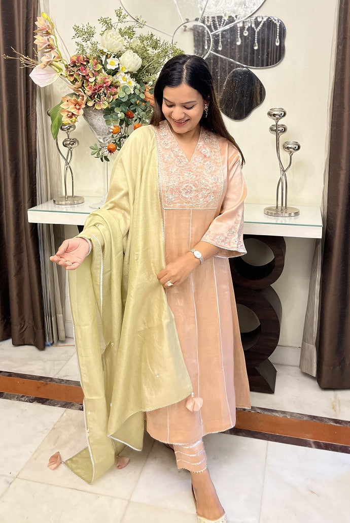 Pink Floral Zari Tissue Anarkali with Narrow Pants and Dupatta - Set of 3