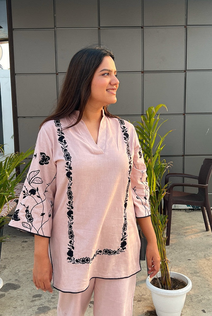 Mousse Bloom Embroidered Handloom Linen Coord Set
