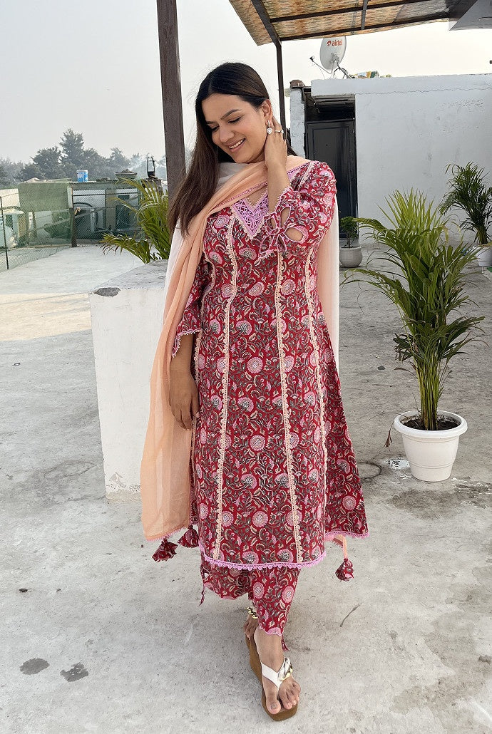 Rosy Chintz Cutwork Kurta with Wide Leg Pants - Set of 2