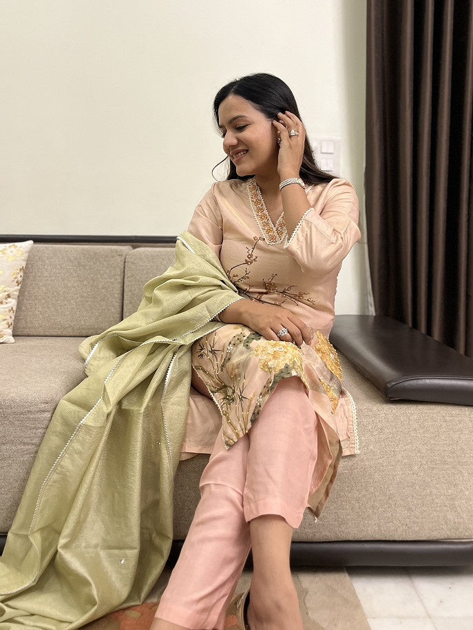 Peach Floral Embroidered Kurta Set with Dupatta - Set of 3