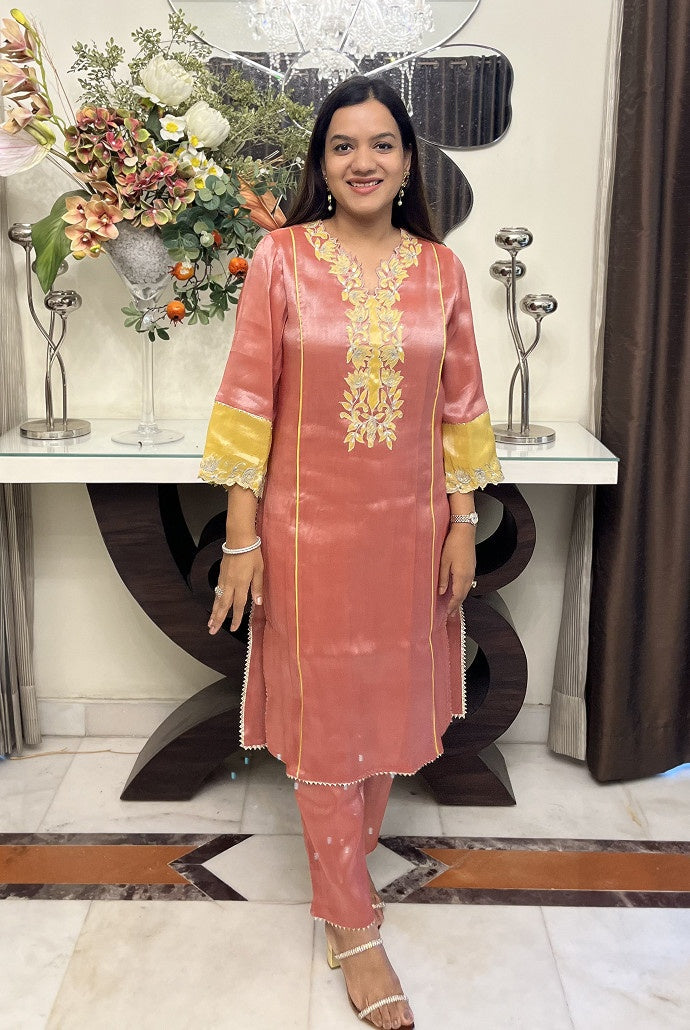 Red Lotus Applique Tissue Kurta with Narrow Pants and Dupatta - Set of 3
