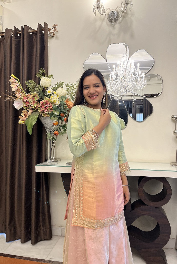 Blush Mint Zari Tissue Kurta with Sharara and Dupatta - Set of 3