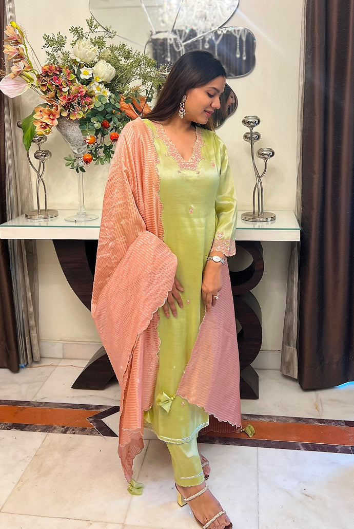 Lime Rose Dori Tissue Kurta with Wide Leg Pants and Dupatta - Set of 3