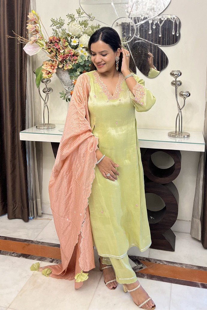 Lime Rose Dori Tissue Kurta with Wide Leg Pants and Dupatta - Set of 3