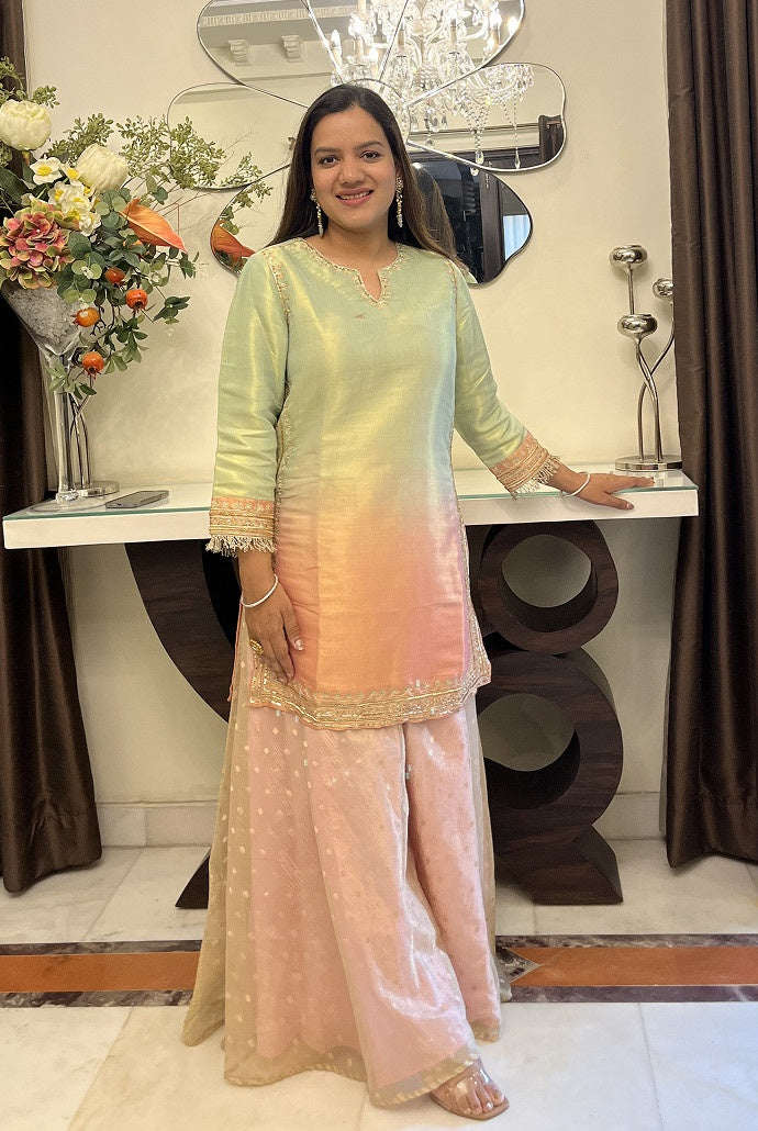 Blush Mint Zari Tissue Kurta with Sharara and Dupatta - Set of 3