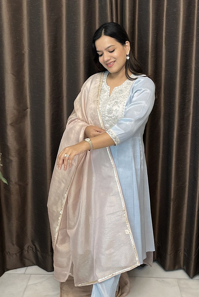 Sky Dori Tissue Anarkali with Narrow Pants and Dupatta - Set of 3