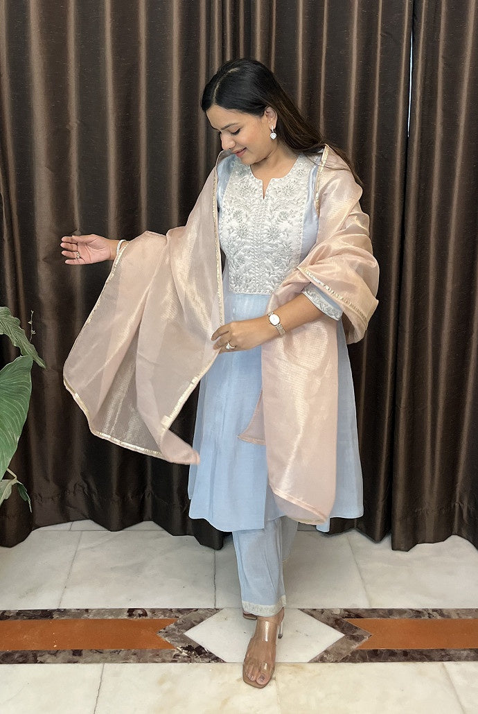 Sky Dori Tissue Anarkali with Narrow Pants and Dupatta - Set of 3