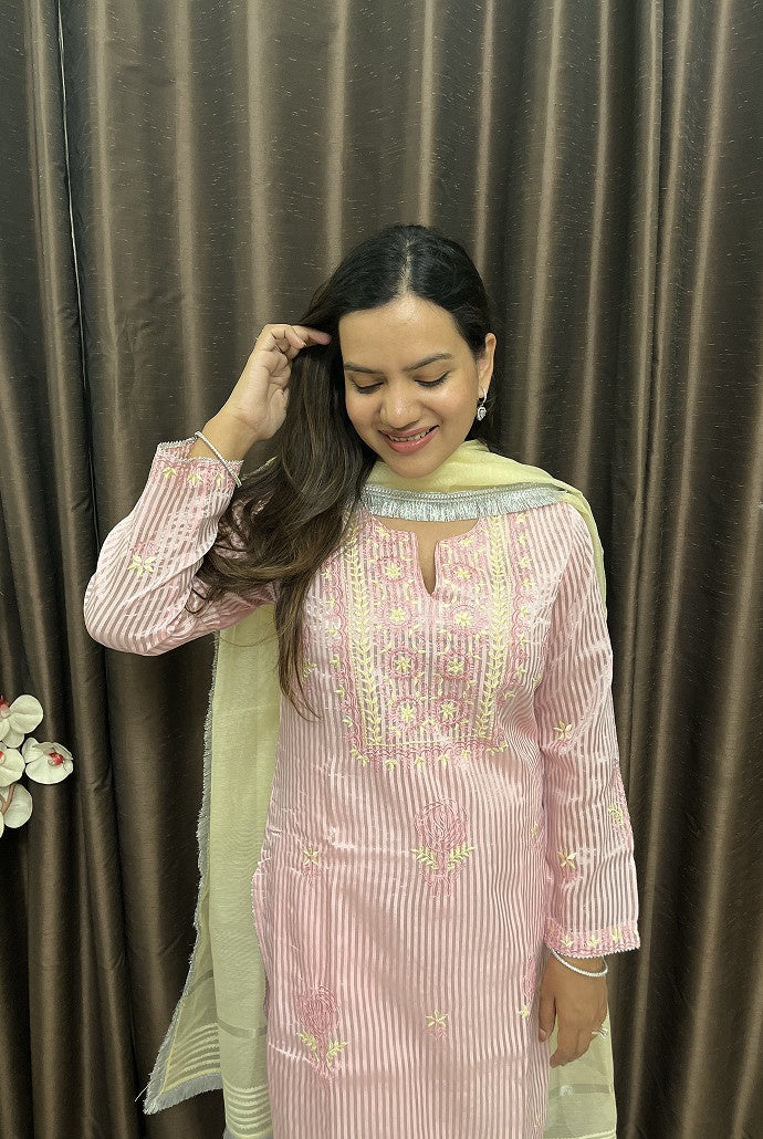 Pink Rose Tissue Kurta with Narrow Pants