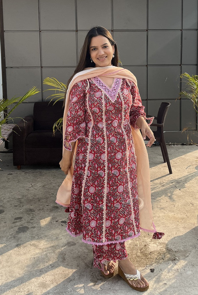 Rosy Chintz Cutwork Kurta with Wide Leg Pants - Set of 2