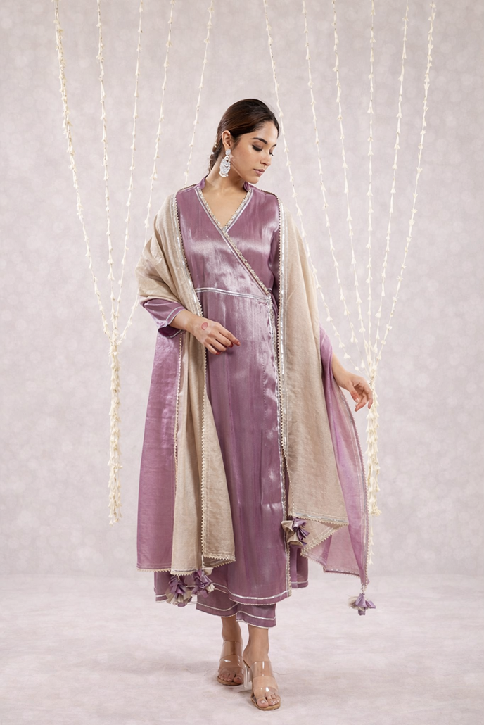 Purple Shimmer Tissue Angrakha with Narrow Pants - Set of 3