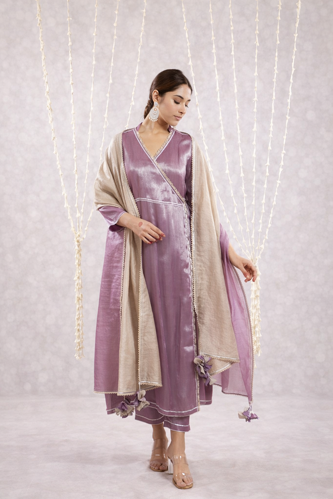 Purple Shimmer Tissue Angrakha with Narrow Pants - Set of 3