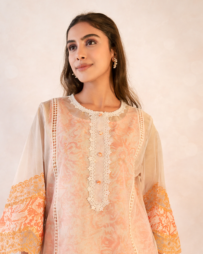 Orange Floral Embroidered Kurta with Narrow Pants - Set of 2