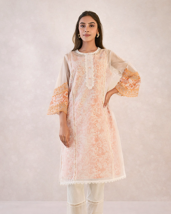 Orange Floral Embroidered Kurta with Narrow Pants - Set of 2