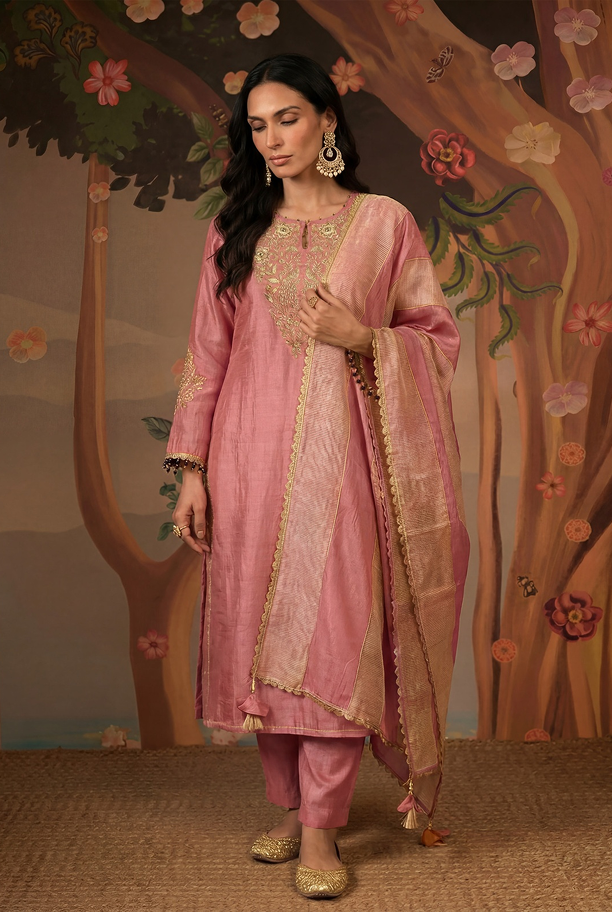 Peony Peacock Zari Kurta with Narrow Pants and Dupatta - Set of 3