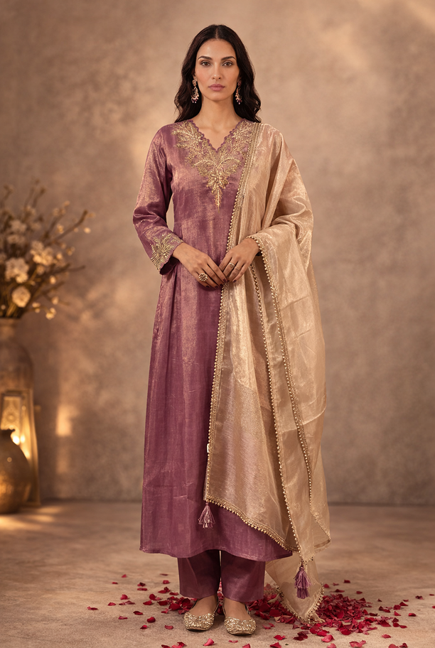 Purple Dori Zari Tissue Kurta with Narrow Pants and Dupatta - Set of 3