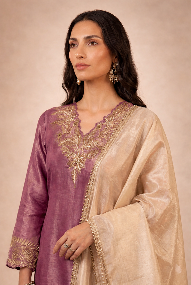 Purple Dori Zari Tissue Kurta with Narrow Pants and Dupatta - Set of 3