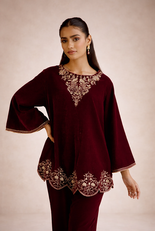 Maroon Peacock Velvet Short Kurta with Straight Pants - Set of 2