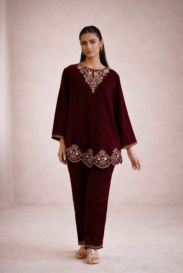 Maroon Peacock Velvet Short Kurta with Straight Pants - Set of 2