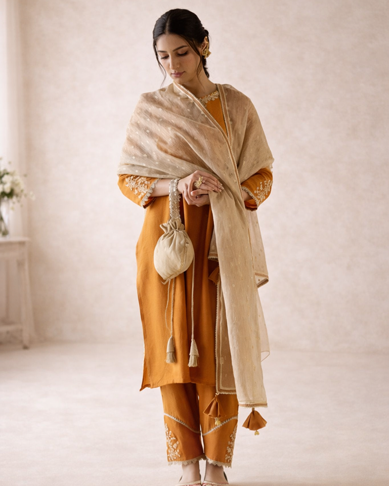 Orange Lily Dori Embroidered Kurta with Narrow Pants & Dupatta - Set of 3
