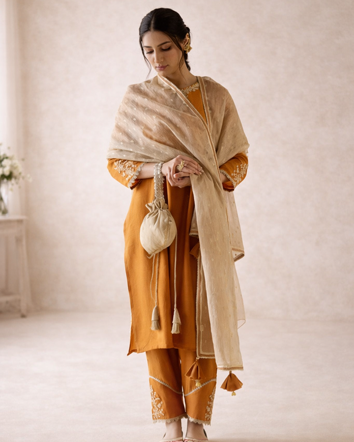 Orange Lily Dori Embroidered Kurta with Narrow Pants & Dupatta - Set of 3