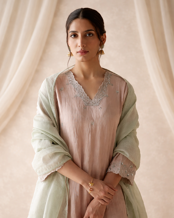 Old Rose Tissue Kurta with  Narrow Pants & Dupatta - Set of 3