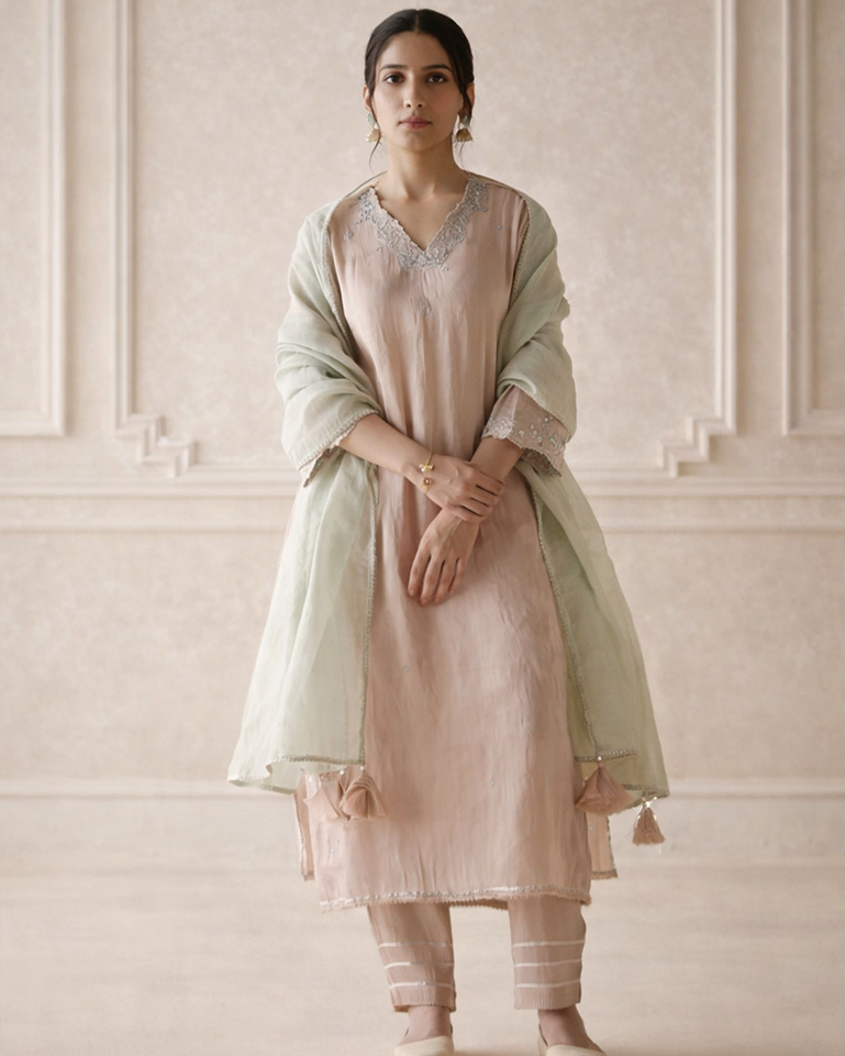 Old Rose Tissue Kurta with  Narrow Pants & Dupatta - Set of 3