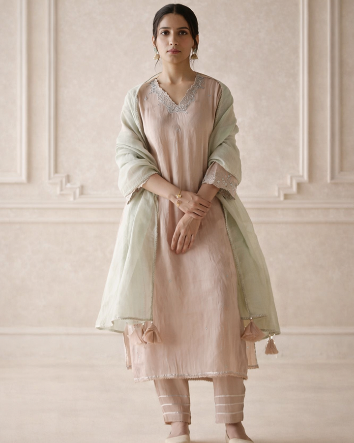 Old Rose Tissue Kurta with  Narrow Pants & Dupatta - Set of 3