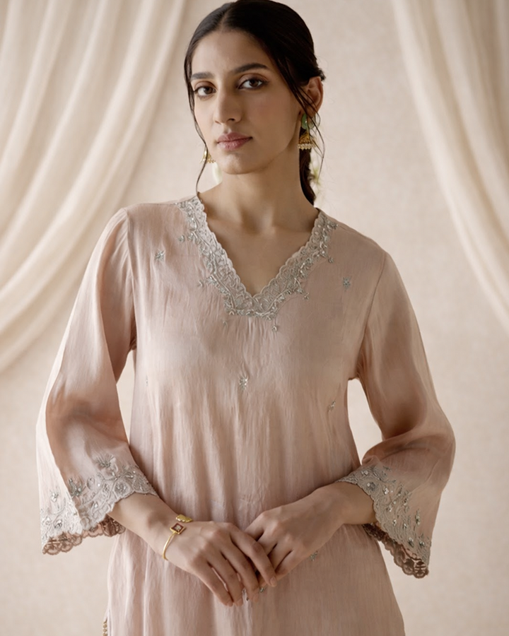 Old Rose Tissue Kurta with  Narrow Pants & Dupatta - Set of 3